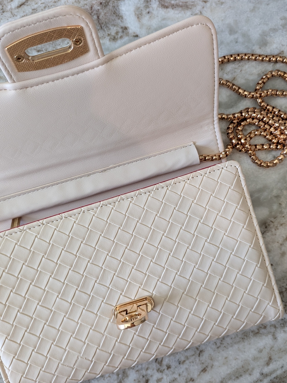 Women's Cream Woven Leather Dressy Crossbody Bag with Gold Chain - Picture 6 of 11